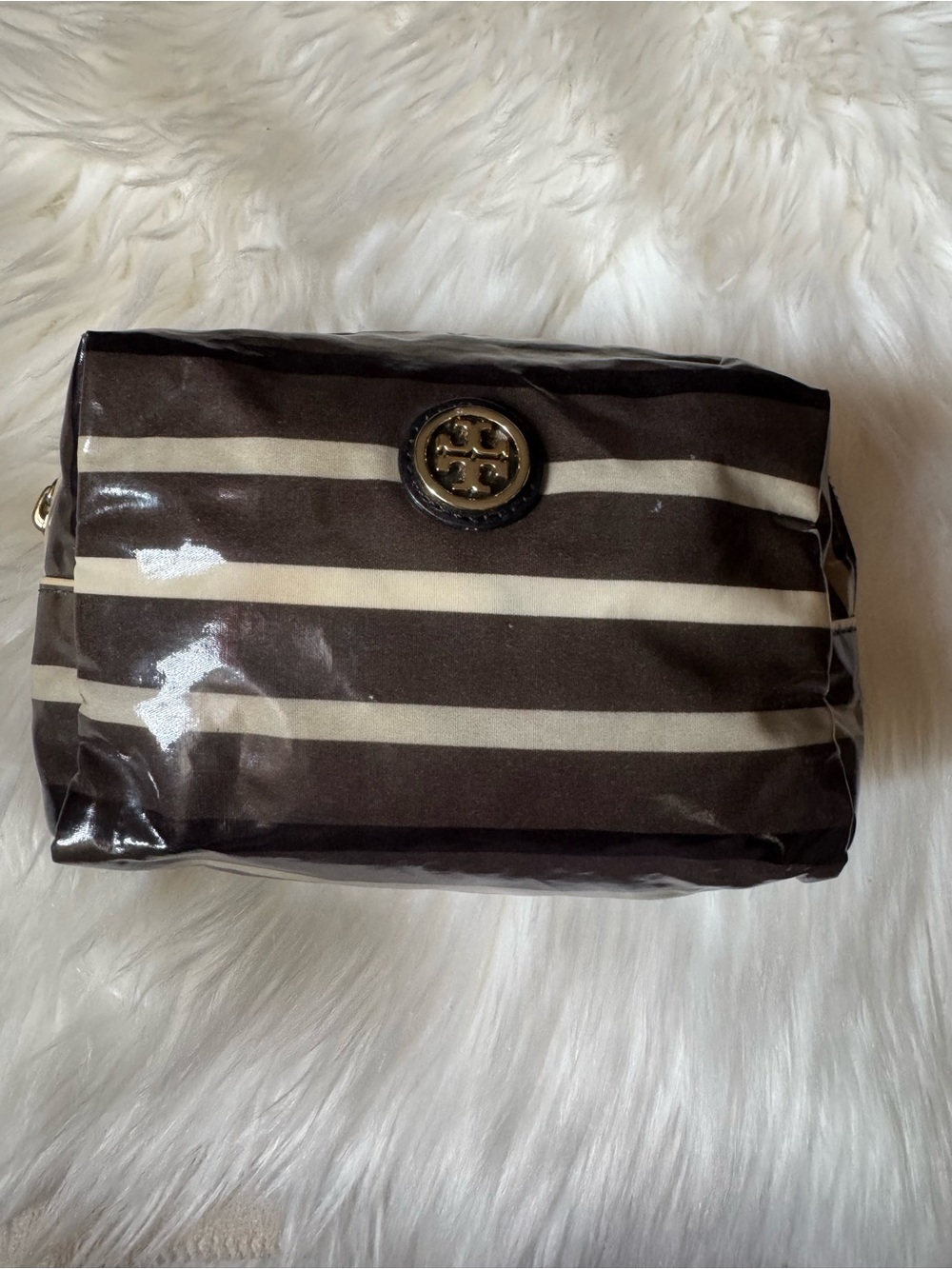 Tory Burch Brown and Cream Striped Cosmetic Pouch with Logo Medallion - Picture 5 of 10